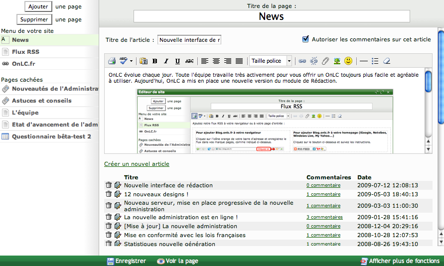 Interface de création de site OnLC Aperçu du nouvel éditeur de pages